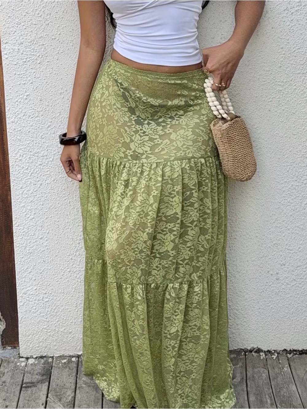 Olive Green Lace Tiered Maxi Skirt - Women